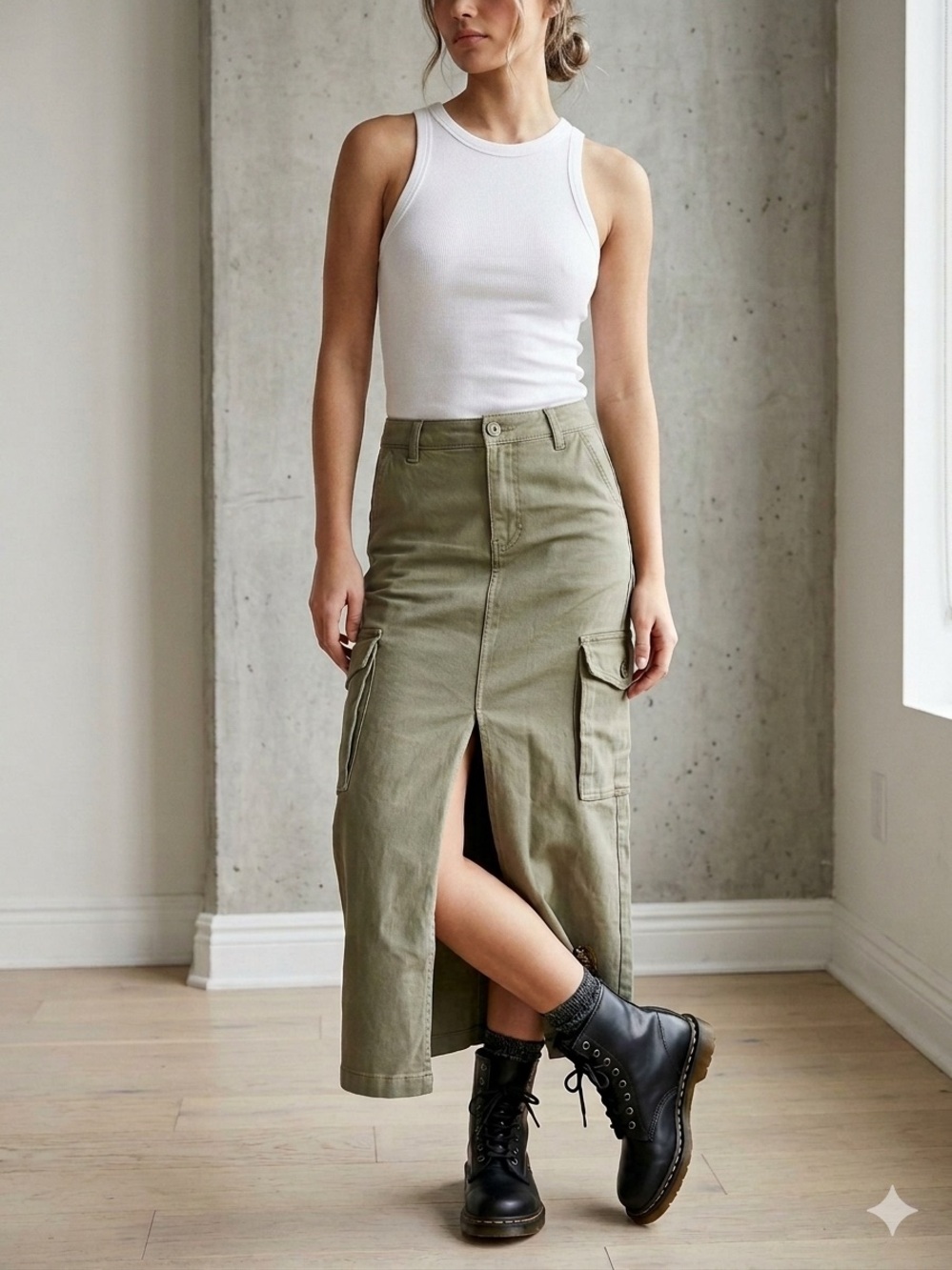 BCBGeneration Cargo Denim Skirt Khaki Green Maxi Skirt XS Utility Army Grunge
